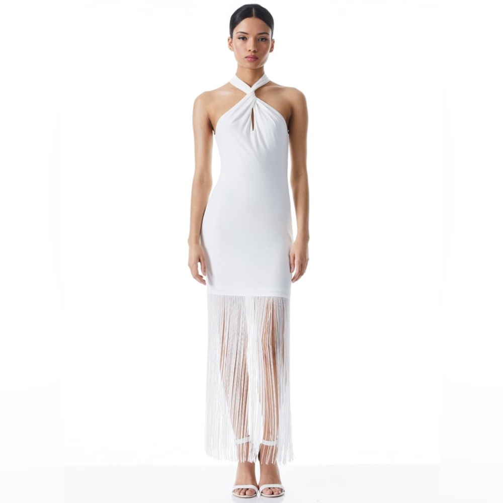 $375 Alice + Olivia STEPH TWIST NECK FRINGE DRESS - Picture 2 of 5